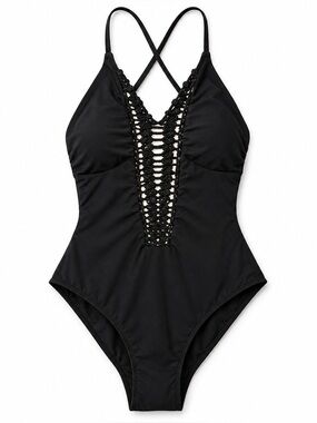 Billabong Black Crochet Plunge One Piece Swimsuit Size 00 0